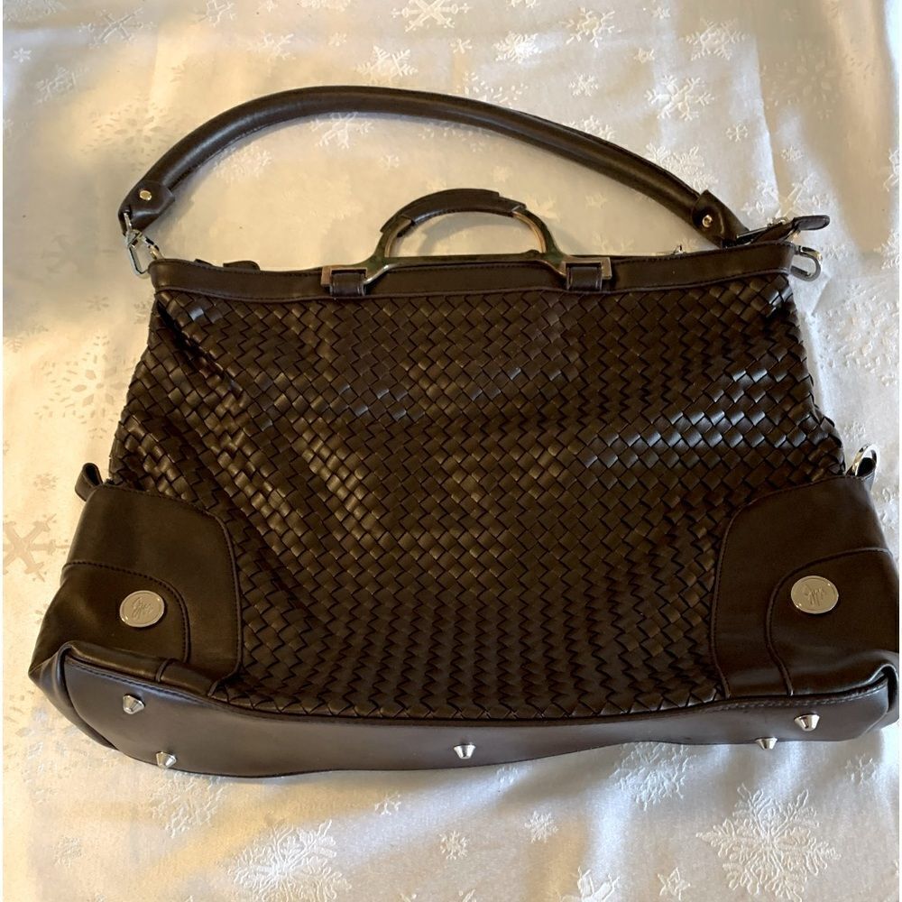 JM Convertible Handbag XXL 3 Ways to Wear Brown Woven Vegan Leather Gorgeous